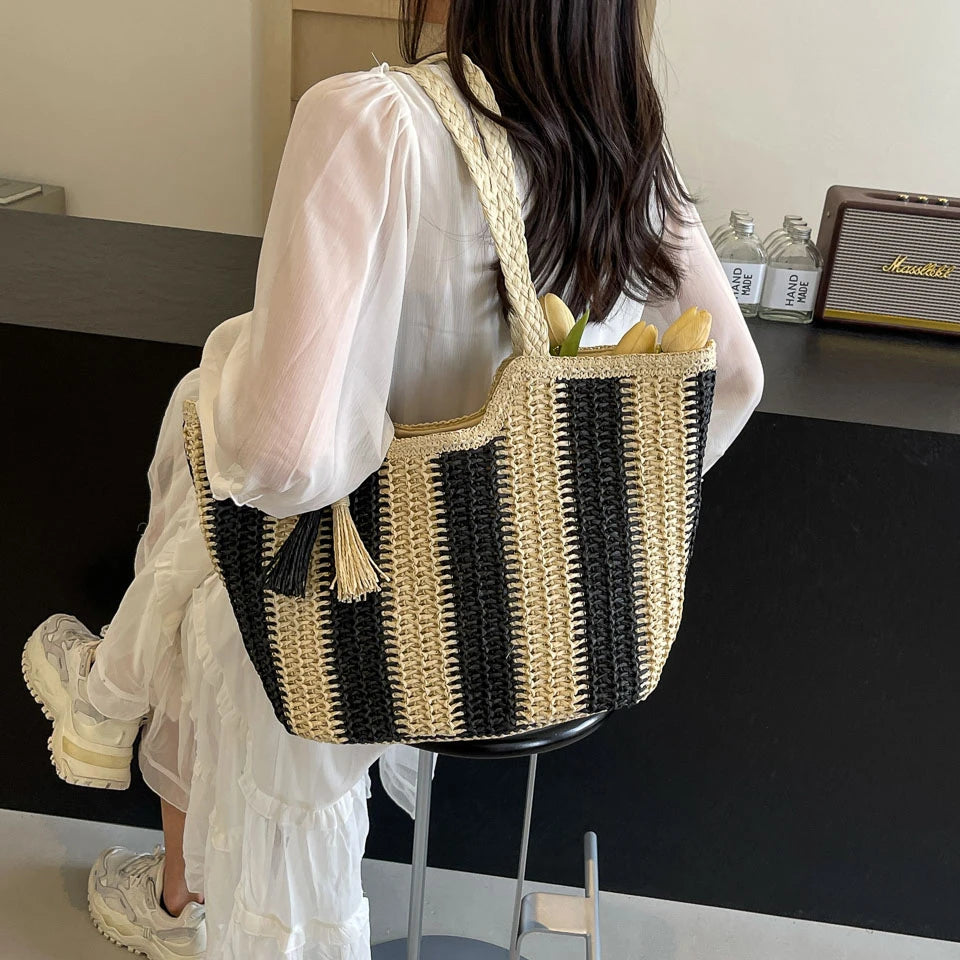Elegant Striped Straw Tote Bag with Tassel Charm