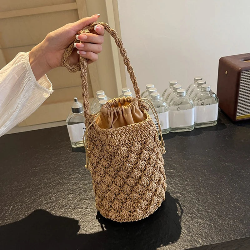 Exquisite Women's Straw Bucket Bag - Bohemian Elegance