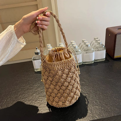 Exquisite Women's Straw Bucket Bag - Bohemian Elegance