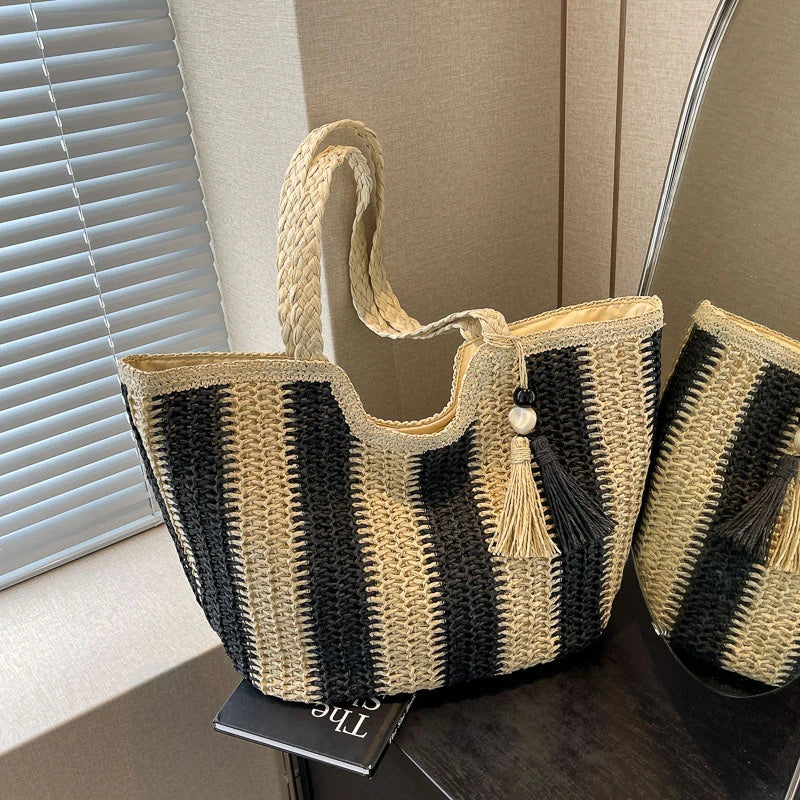 Elegant Striped Straw Tote Bag with Tassel Charm