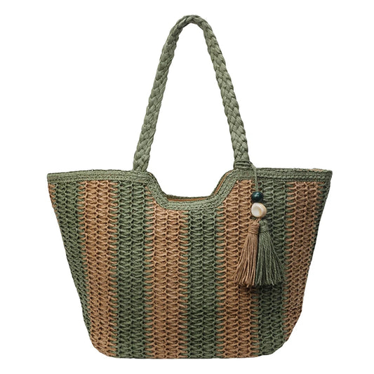 Elegant Striped Straw Tote Bag with Tassel Charm