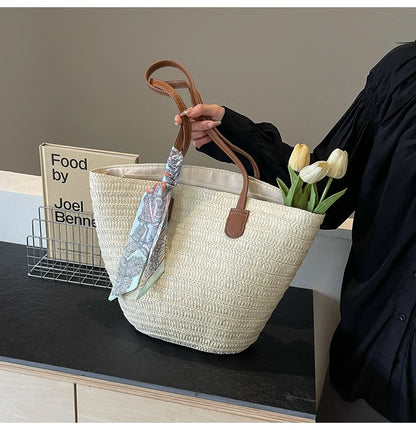 Elegant Woven Tote Bag with Scarf Accent