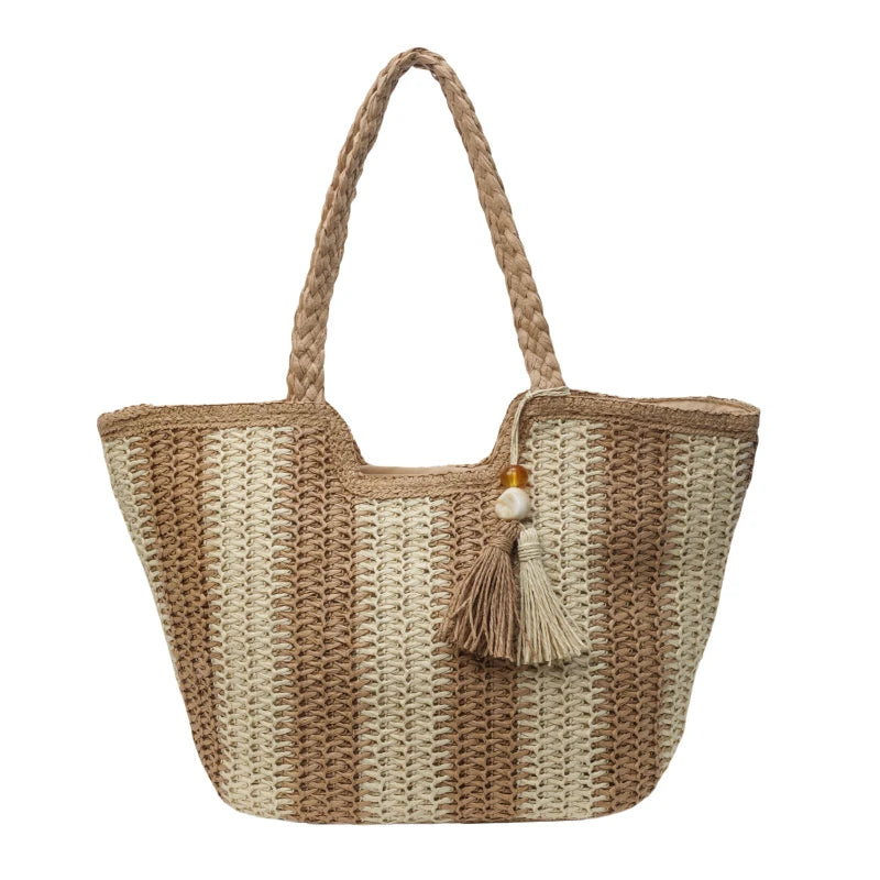 Elegant Striped Straw Tote Bag with Tassel Charm