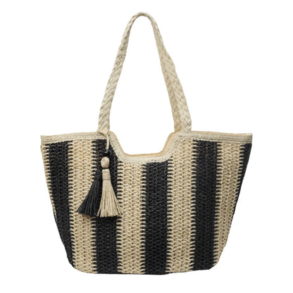Elegant Striped Straw Tote Bag with Tassel Charm