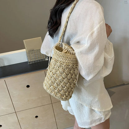 Exquisite Women's Straw Bucket Bag - Bohemian Elegance