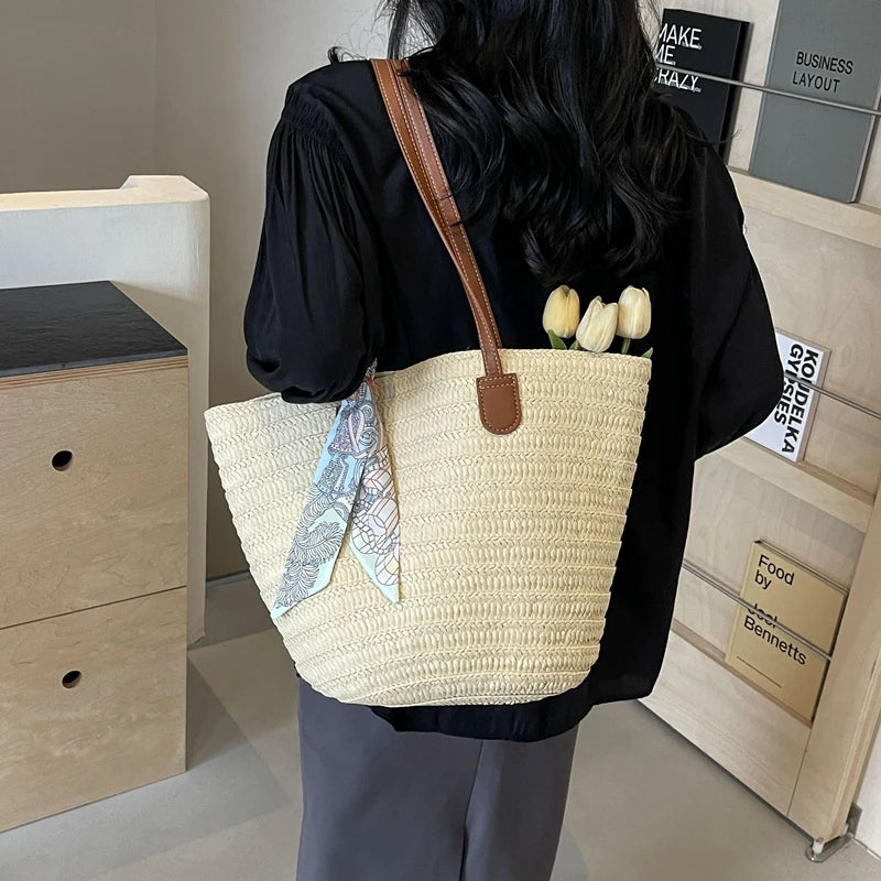 Elegant Woven Tote Bag with Scarf Accent
