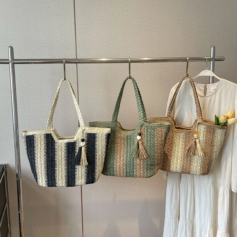 Elegant Striped Straw Tote Bag with Tassel Charm