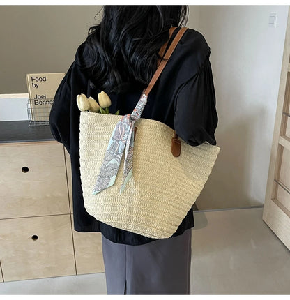 Elegant Woven Tote Bag with Scarf Accent