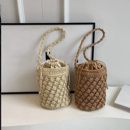 Exquisite Women's Straw Bucket Bag - Bohemian Elegance