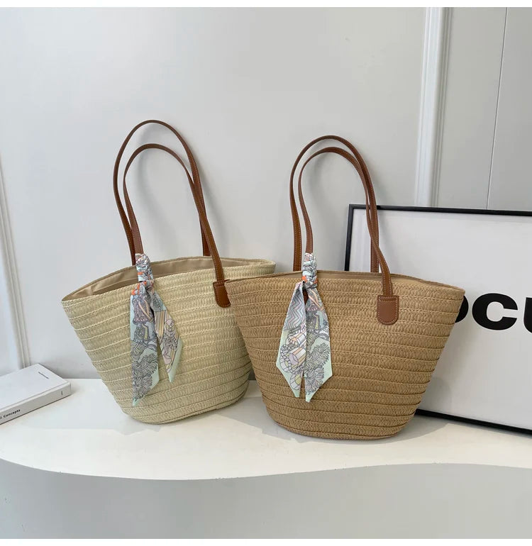Elegant Woven Tote Bag with Scarf Accent