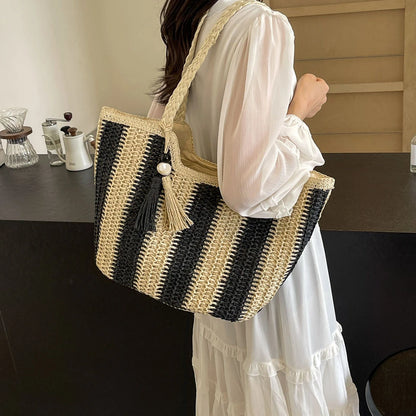 Elegant Striped Straw Tote Bag with Tassel Charm