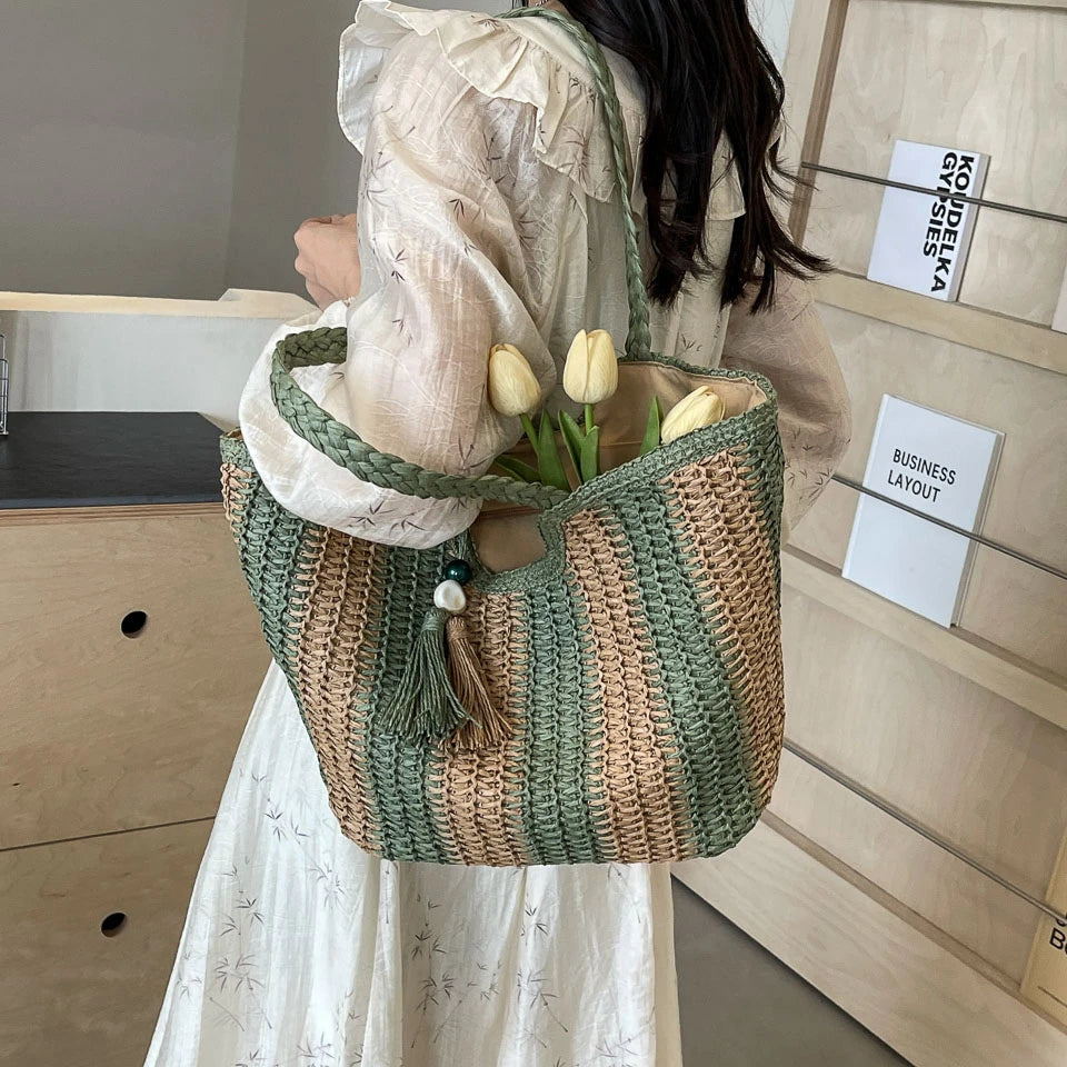 Elegant Striped Straw Tote Bag with Tassel Charm