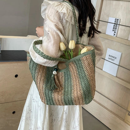 Elegant Striped Straw Tote Bag with Tassel Charm