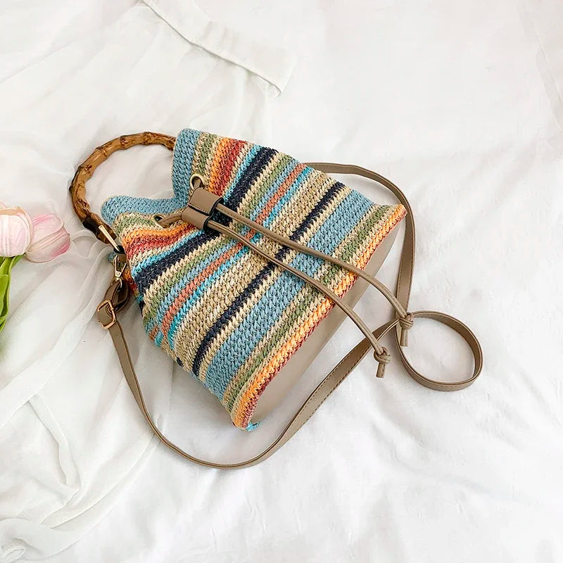 Exquisite Rattan Bucket Bag with Bamboo Handle