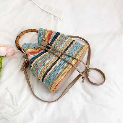 Exquisite Rattan Bucket Bag with Bamboo Handle