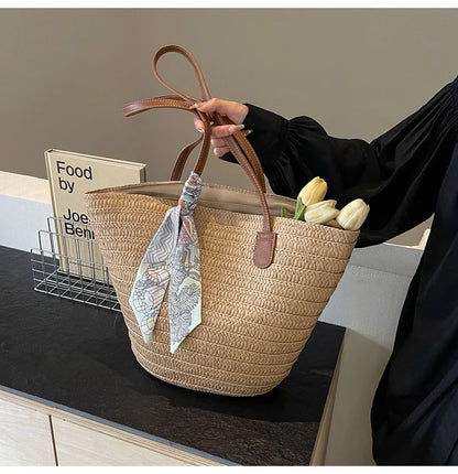 Elegant Woven Tote Bag with Scarf Accent