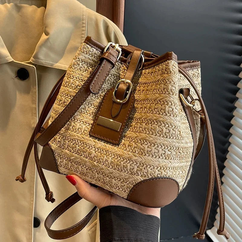 Exquisite Woven Straw Bucket Bag - Women's Fashion