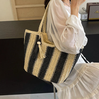 Elegant Striped Straw Tote Bag with Tassel Charm