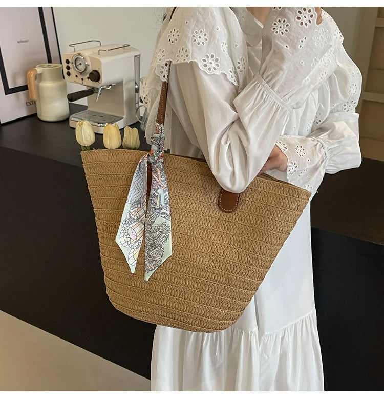 Elegant Woven Tote Bag with Scarf Accent