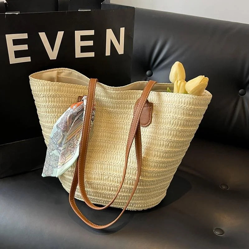 Elegant Woven Tote Bag with Scarf Accent