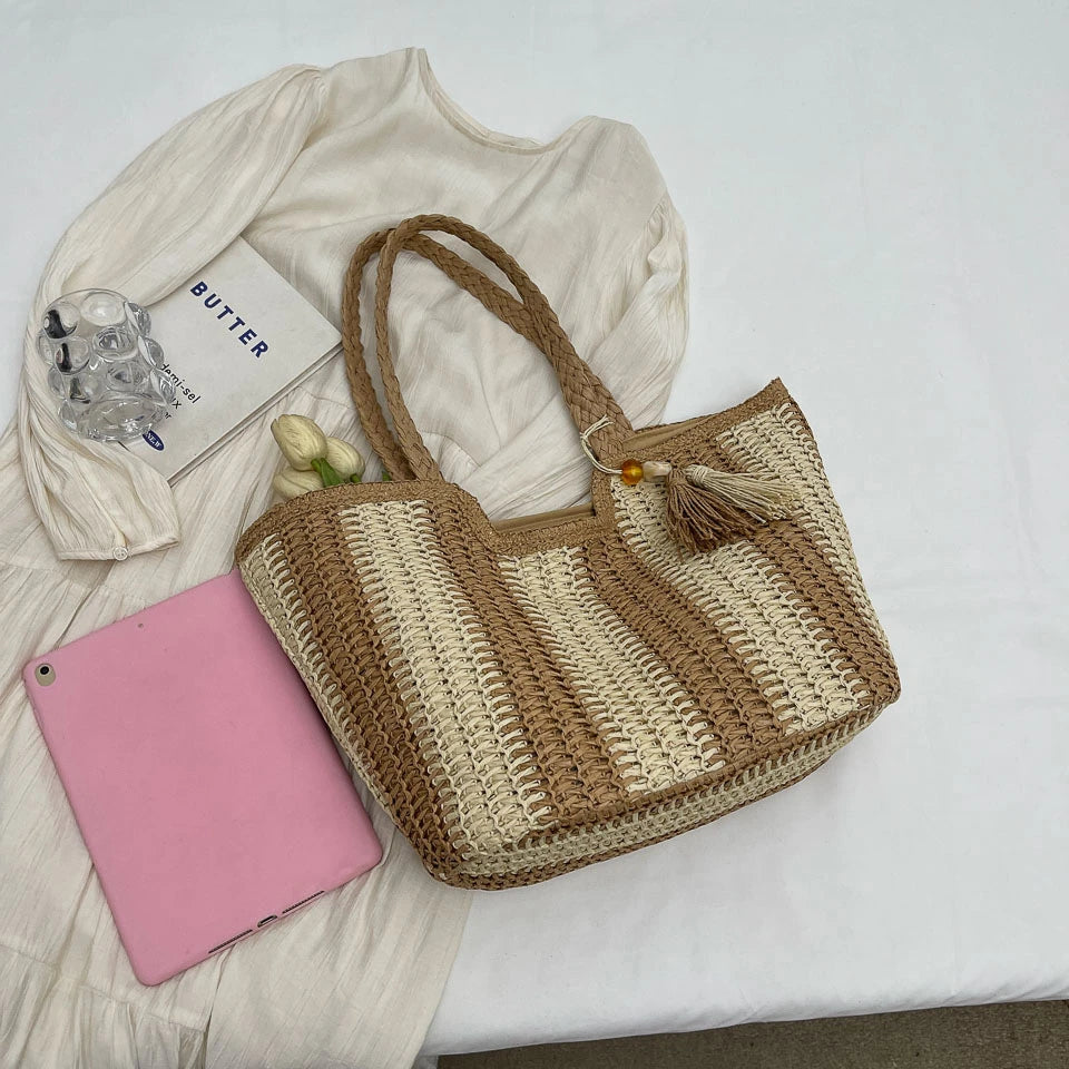 Elegant Striped Straw Tote Bag with Tassel Charm