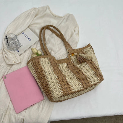 Elegant Striped Straw Tote Bag with Tassel Charm