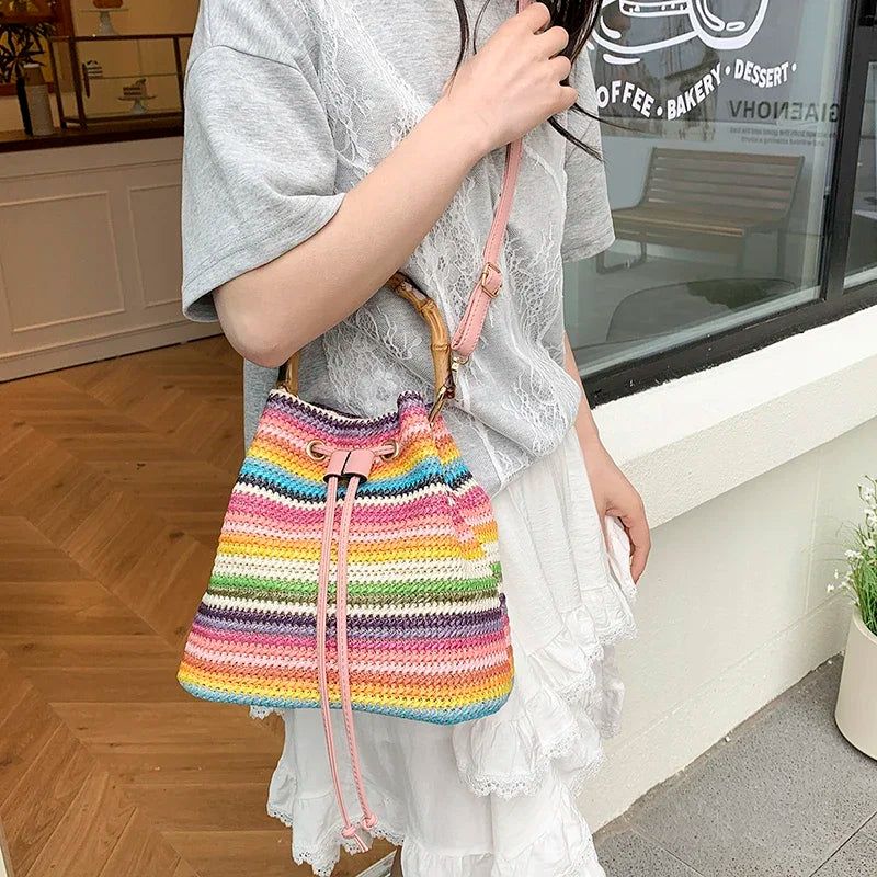 Exquisite Rattan Bucket Bag with Bamboo Handle