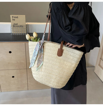 Elegant Woven Tote Bag with Scarf Accent