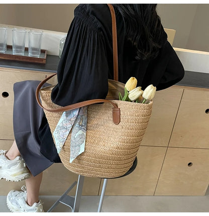 Elegant Woven Tote Bag with Scarf Accent