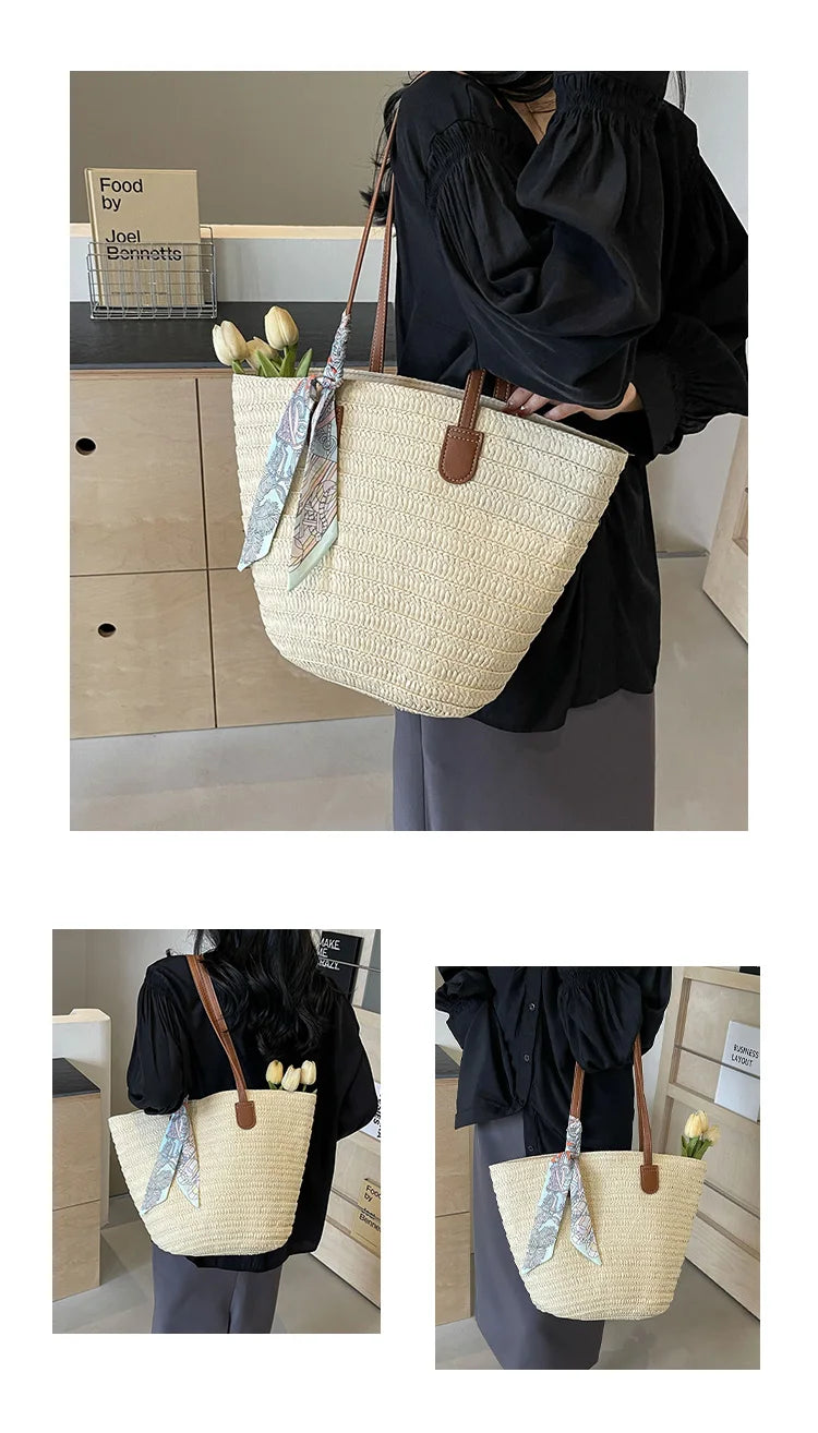 Elegant Woven Tote Bag with Scarf Accent