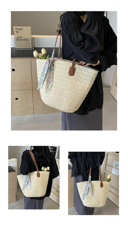 Elegant Woven Tote Bag with Scarf Accent