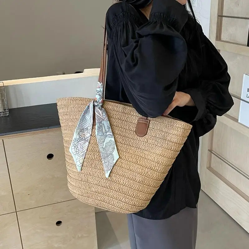 Elegant Woven Tote Bag with Scarf Accent