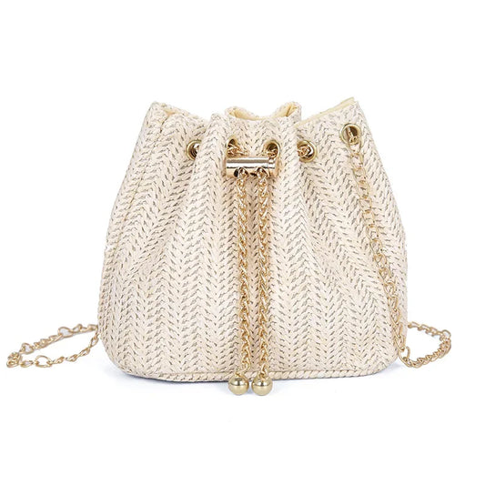 Elegant Straw Bucket Bag with Gold Chain - Women's Fashion