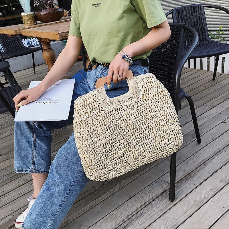 Elegant Woven Straw Handbag with Wooden Handle