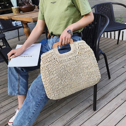 Elegant Woven Straw Handbag with Wooden Handle