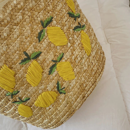 Elegant Handwoven Lemon Embroidery Tote