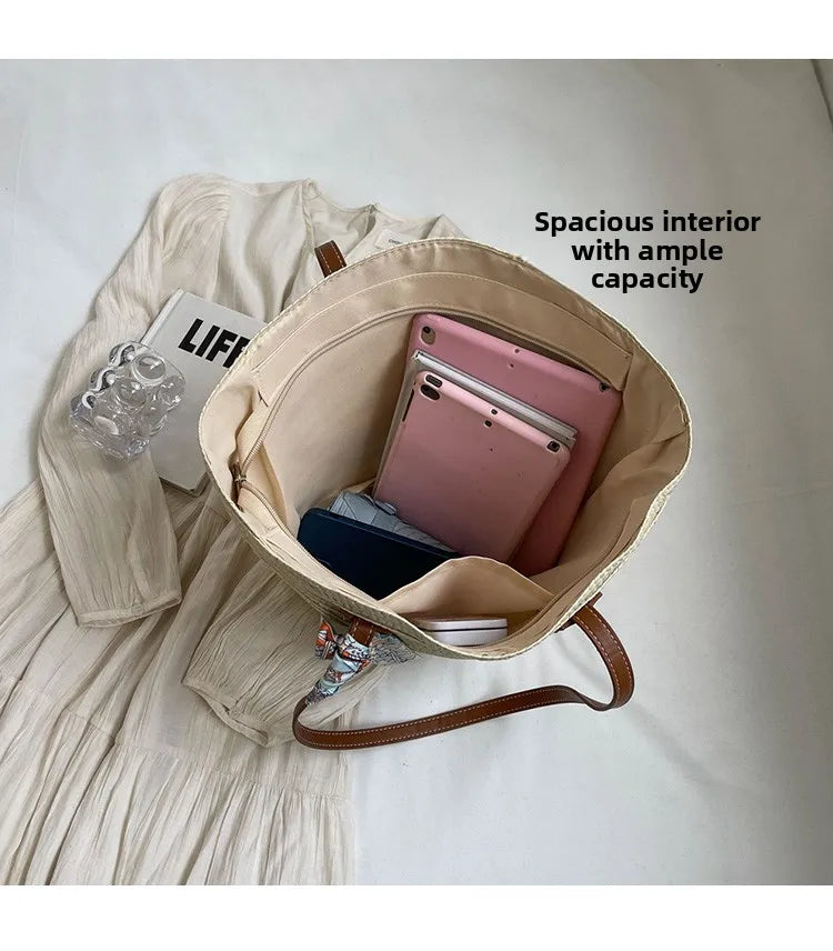 Elegant Woven Tote Bag with Scarf Accent