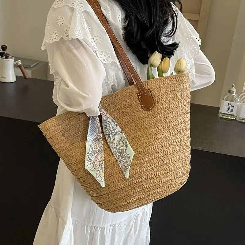 Elegant Woven Tote Bag with Scarf Accent