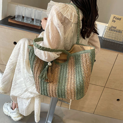 Elegant Striped Straw Tote Bag with Tassel Charm