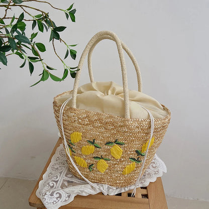 Elegant Handwoven Lemon Embroidery Tote
