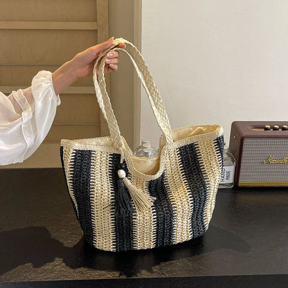 Elegant Striped Straw Tote Bag with Tassel Charm