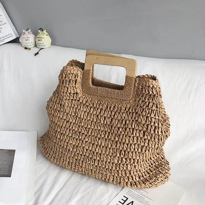 Elegant Woven Straw Handbag with Wooden Handle