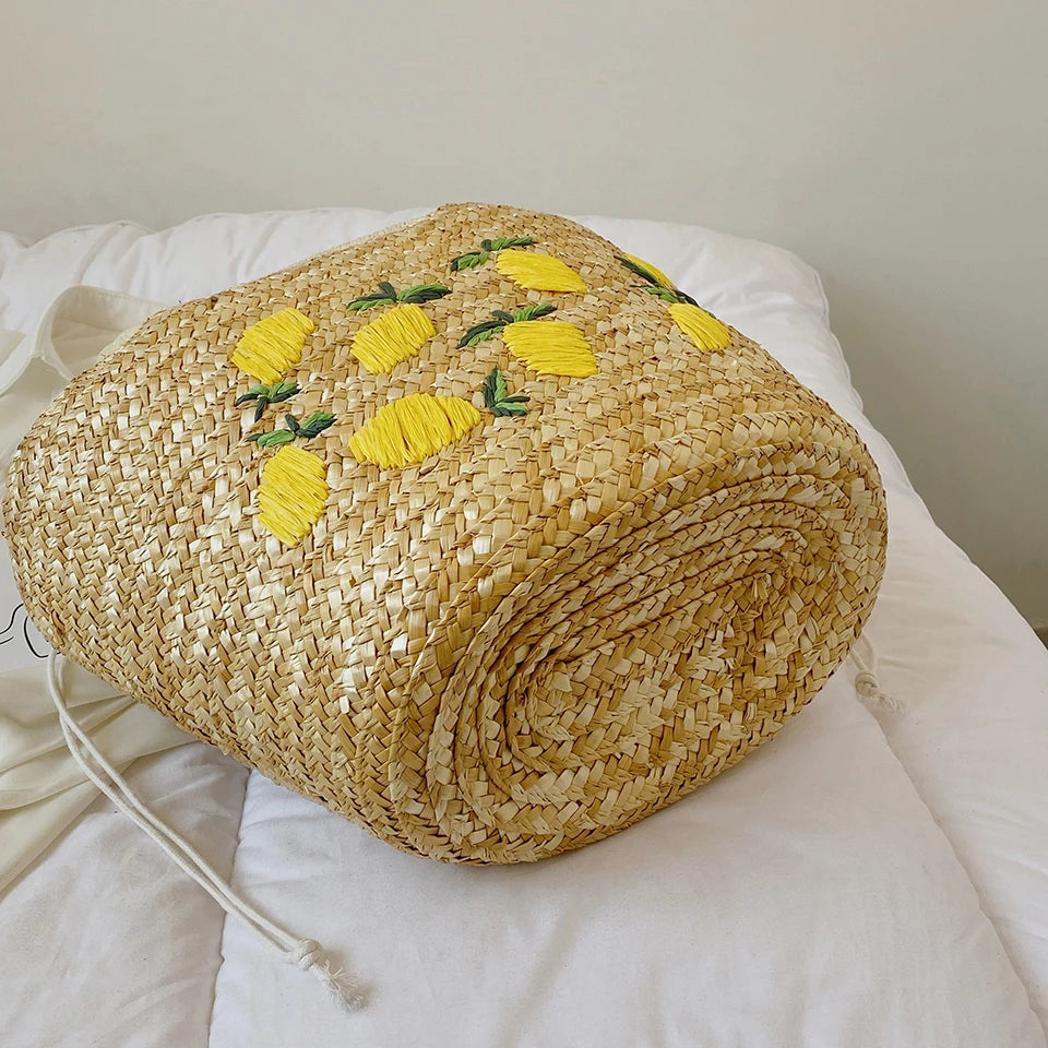 Elegant Handwoven Lemon Embroidery Tote
