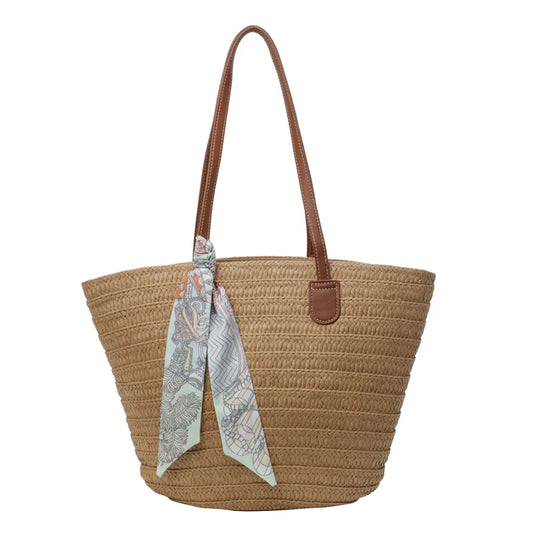 Elegant Woven Tote Bag with Scarf Accent