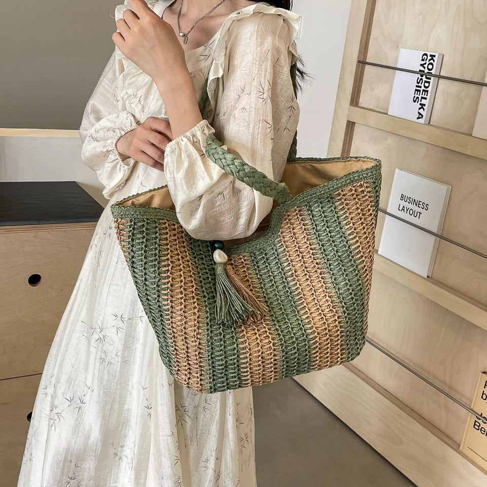Elegant Striped Straw Tote Bag with Tassel Charm
