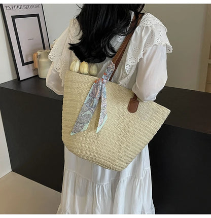 Elegant Woven Tote Bag with Scarf Accent