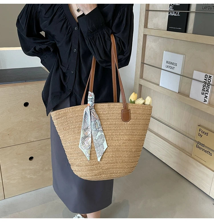 Elegant Woven Tote Bag with Scarf Accent