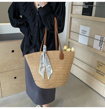 Elegant Woven Tote Bag with Scarf Accent