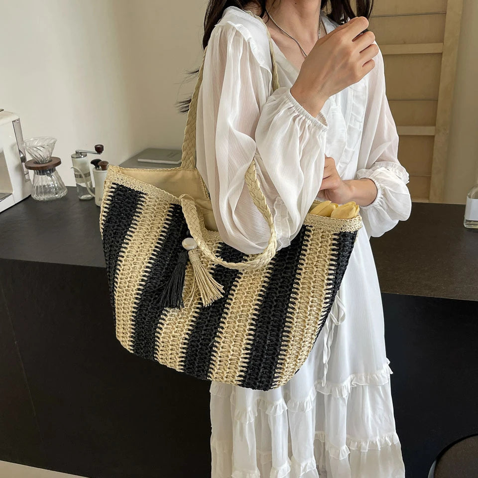 Elegant Striped Straw Tote Bag with Tassel Charm