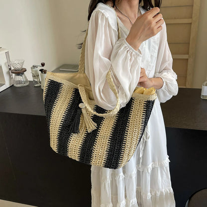 Elegant Striped Straw Tote Bag with Tassel Charm